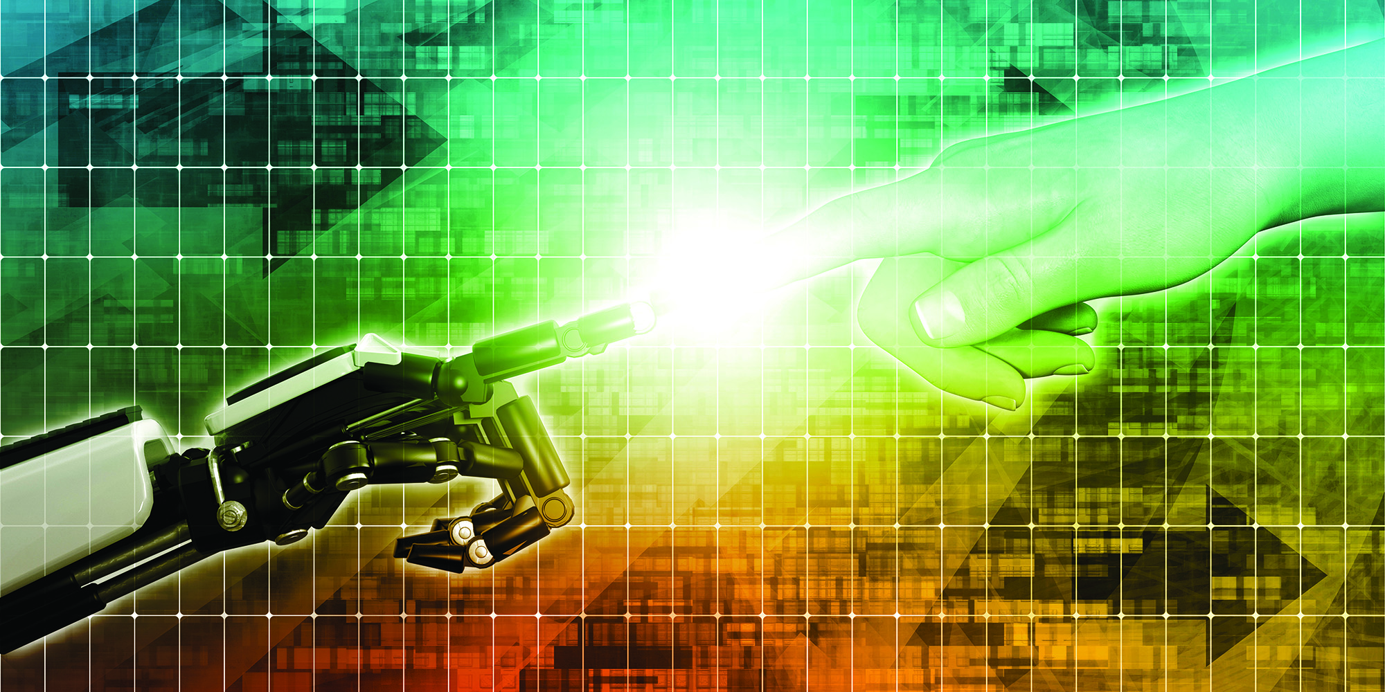 twee handen waarbij de menselijke vinger de vinger van een robot aanraakt net zoals het plafondschildering in de sixtijnse kapel